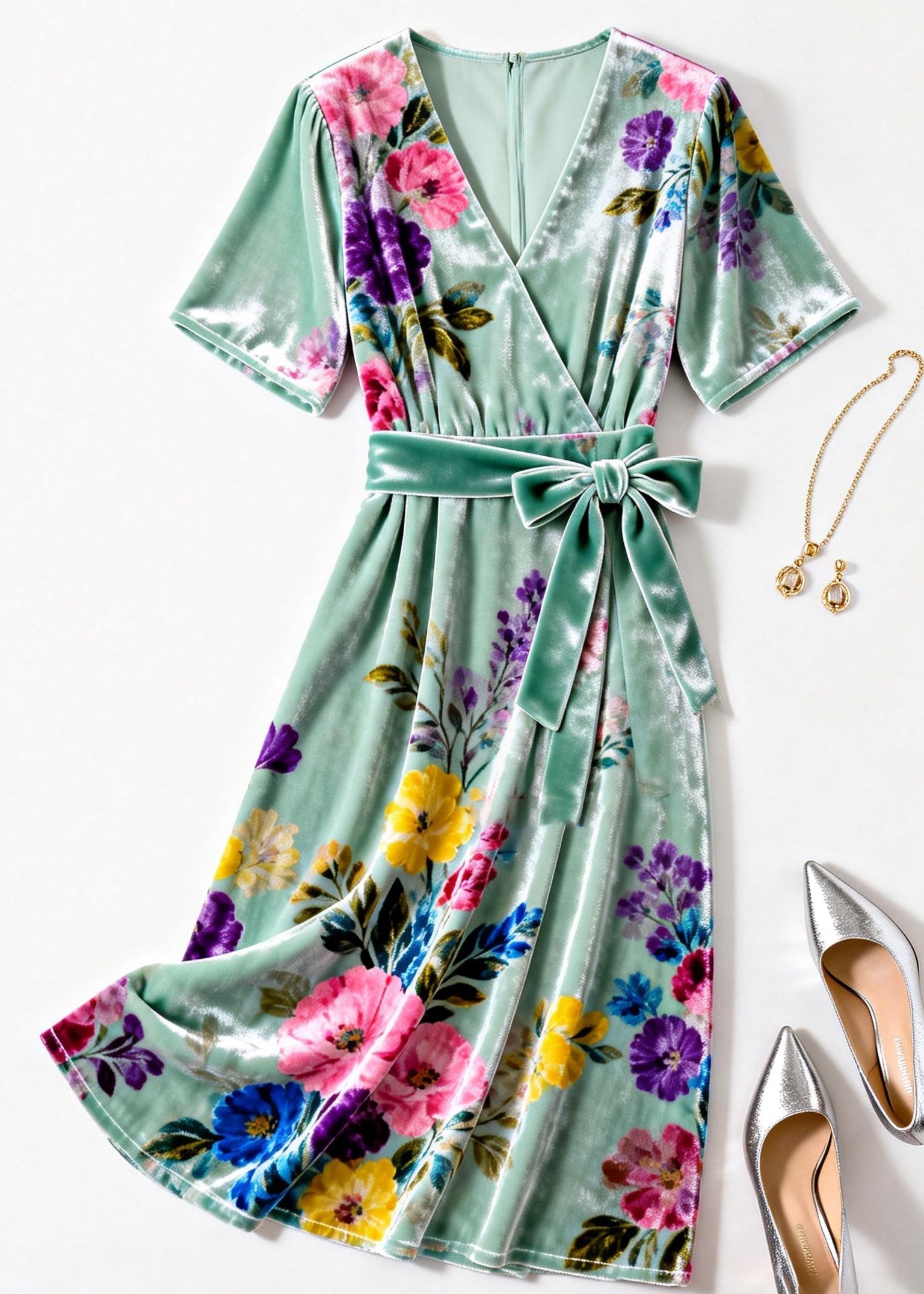 Velvet Wrap V-Neck Short Sleeve Floral Print Tie Waist Midi Dress