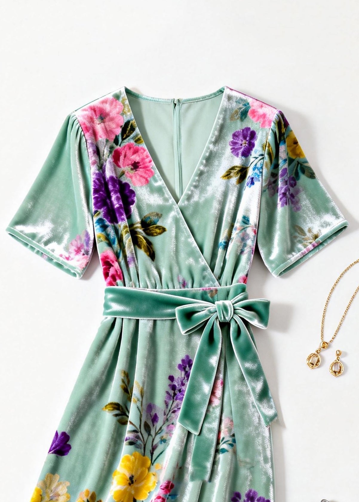 Velvet Wrap V-Neck Short Sleeve Floral Print Tie Waist Midi Dress
