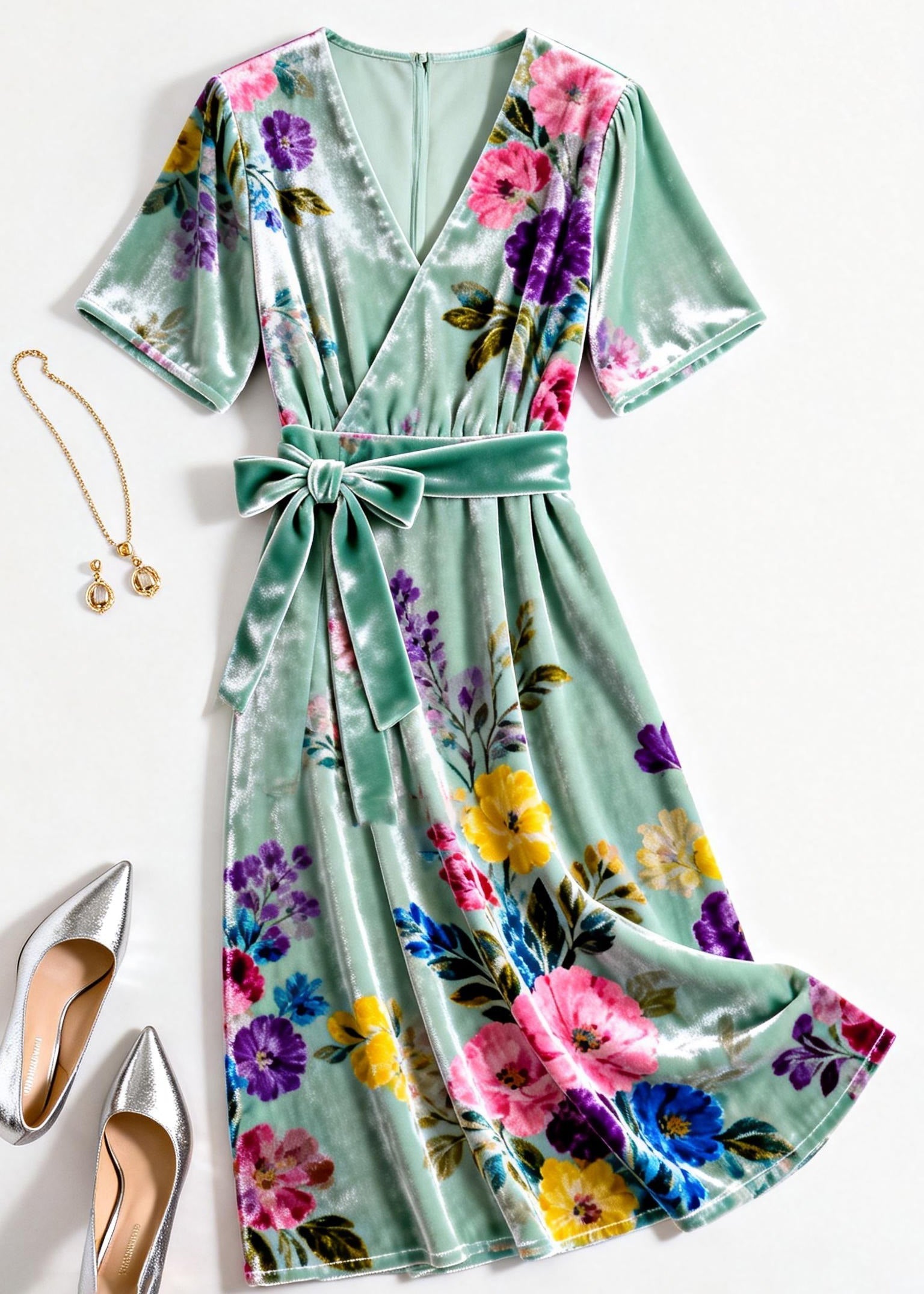 Velvet Wrap V-Neck Short Sleeve Floral Print Tie Waist Midi Dress