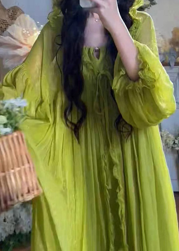 Elegant Green V Neck Ruffled Hooded Chiffon Maxi Dress Spring - View 2