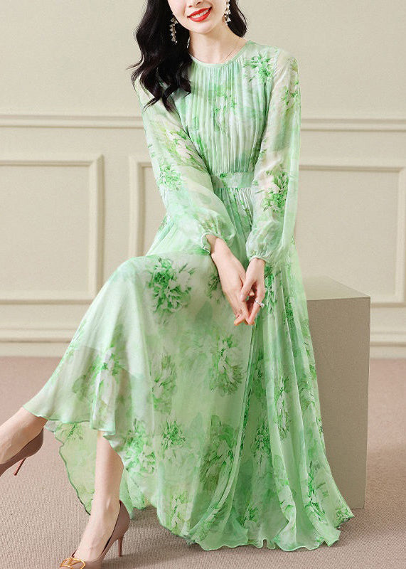 Floral Print Crew Neck Long Sleeve Pleated Bodice Chiffon Maxi Dress