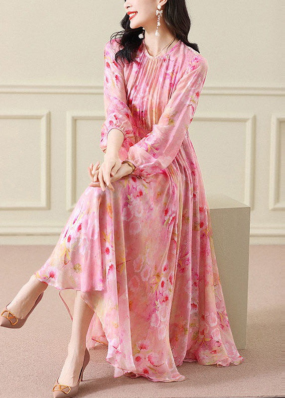 Elegant Green Wrinkled Print Chiffon Maxi Dress Long Sleeve 2