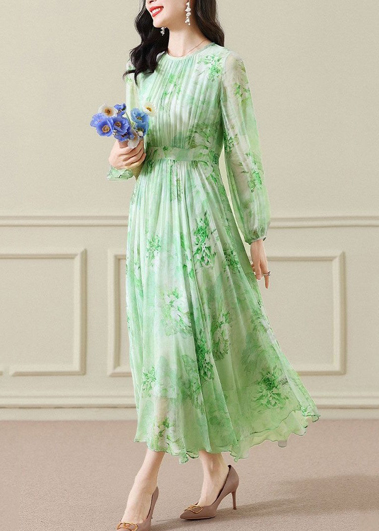 Elegant Green Wrinkled Print Chiffon Maxi Dress Long Sleeve 3