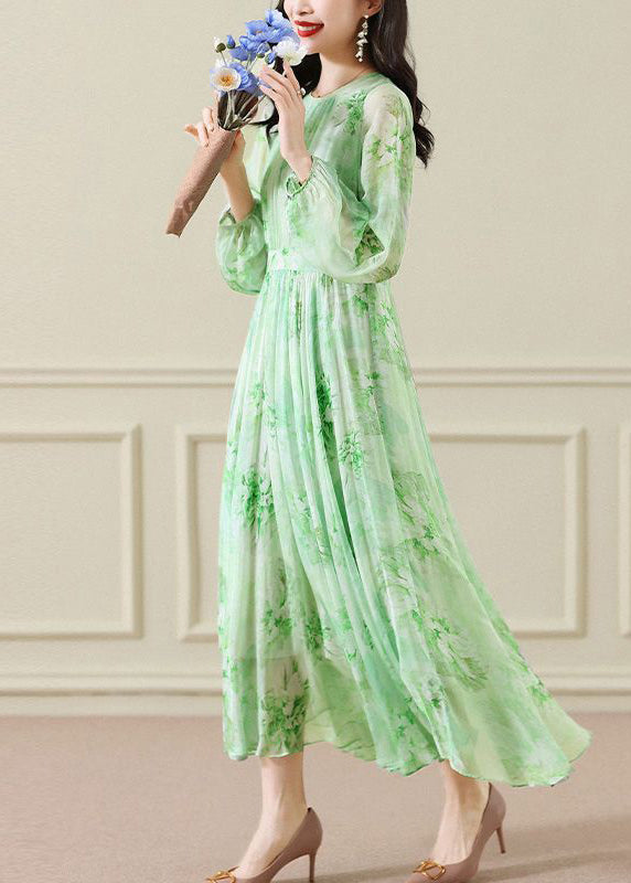 Elegant Green Wrinkled Print Chiffon Maxi Dress Long Sleeve 4