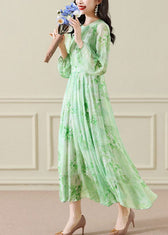 Elegant Green Wrinkled Print Chiffon Maxi Dress Long Sleeve 4