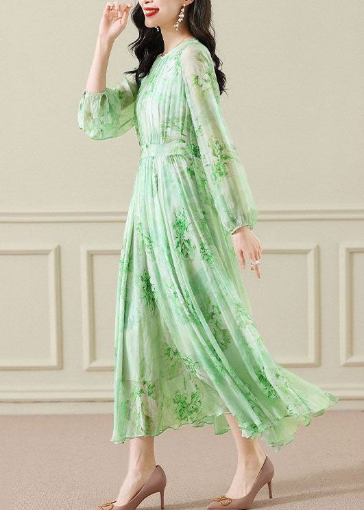 Elegant Green Wrinkled Print Chiffon Maxi Dress Long Sleeve 5