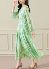 Elegant Green Wrinkled Print Chiffon Maxi Dress Long Sleeve 5