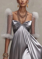 Elegant Grey Exra Large Hem Patchwork Tulle Evening Dress Puff Sleeve 2