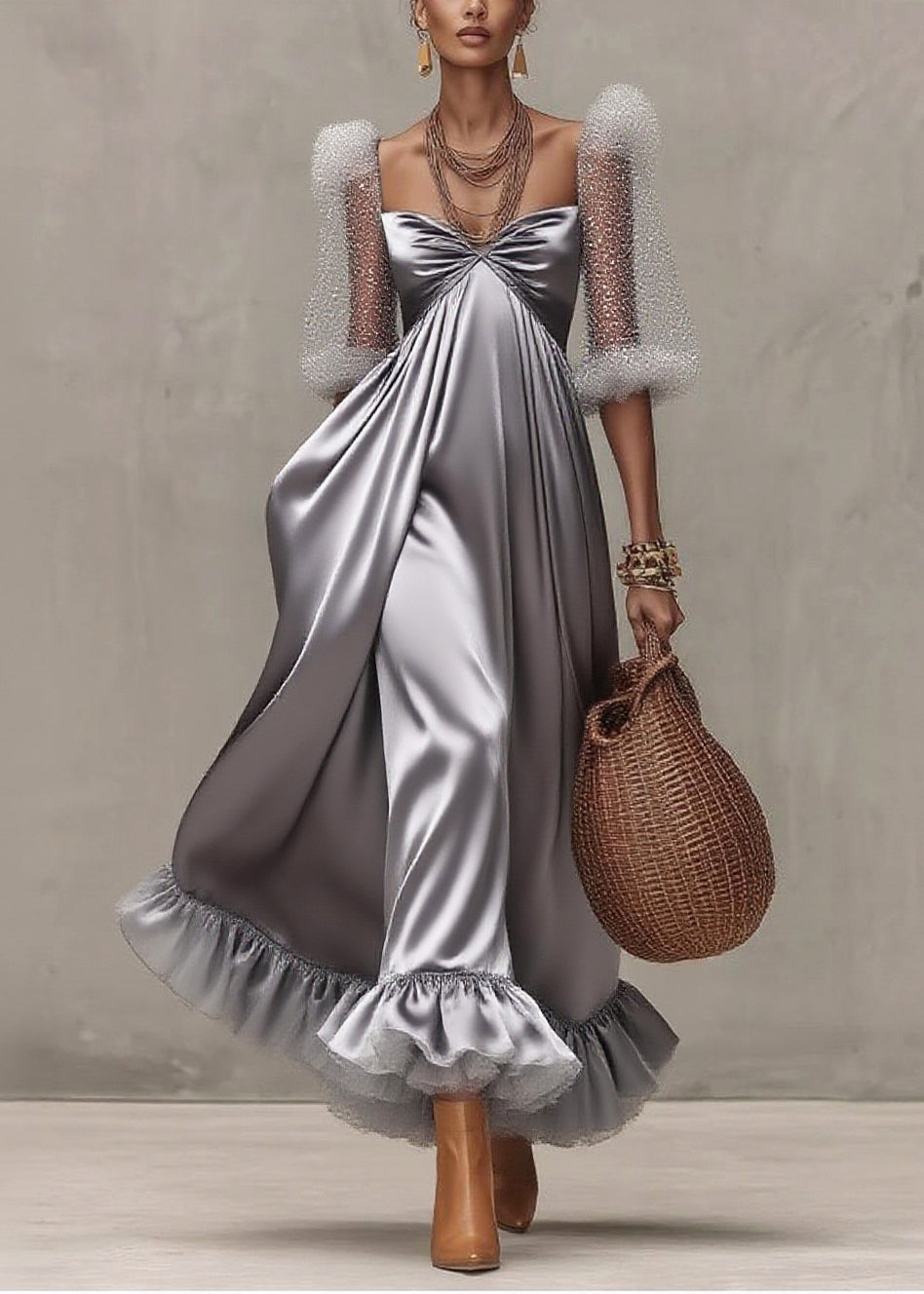 Elegant Grey Exra Large Hem Patchwork Tulle Evening Dress Puff Sleeve 3