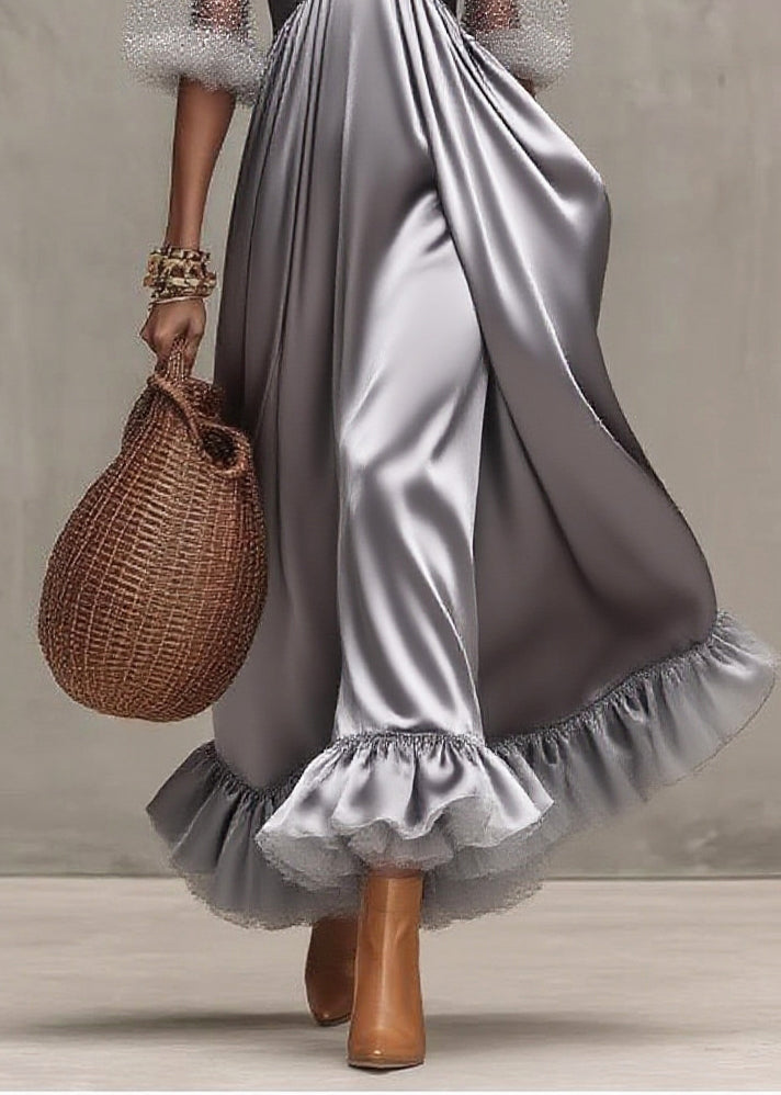 Elegant Grey Exra Large Hem Patchwork Tulle Evening Dress Puff Sleeve 4