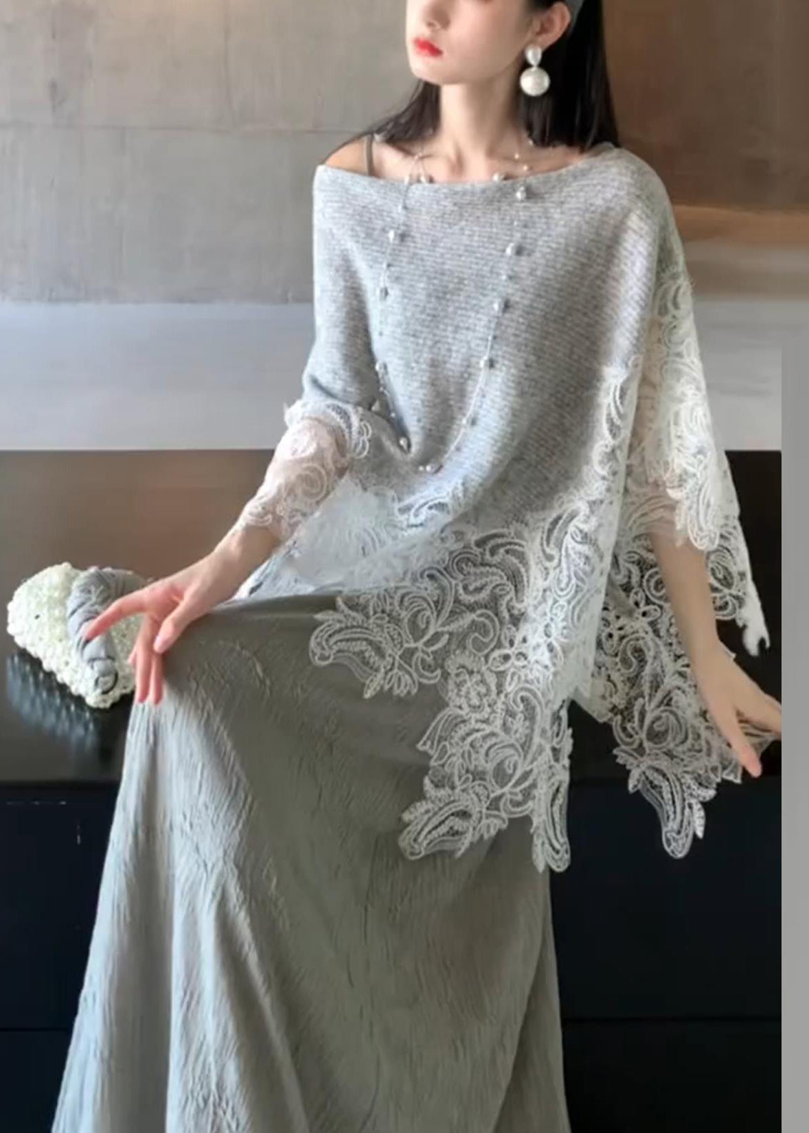 Lace Trim Knit Cape Top and Textured Slip Maxi Dress Two Piece Set
