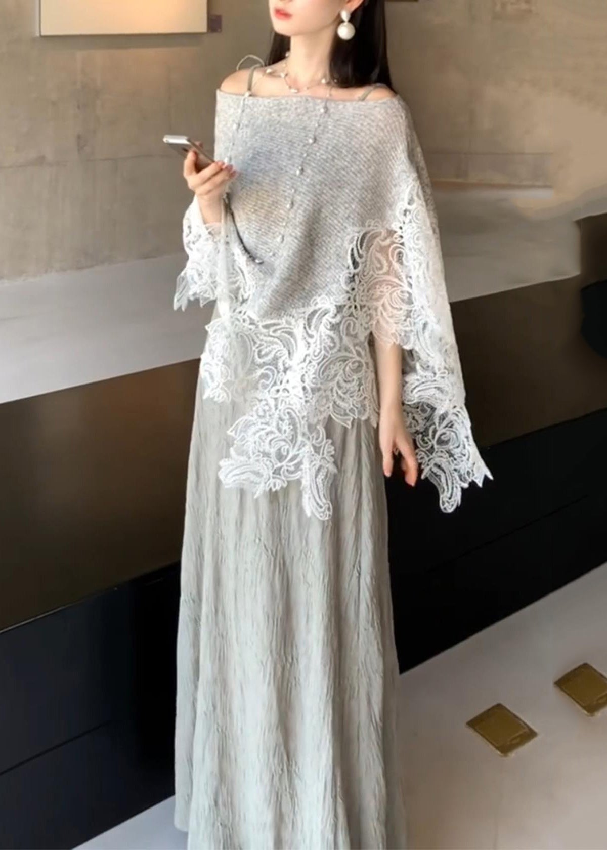 Grey Lace Patchwork Cotton Knit Cape Long Dresses Two Piece Set - View 2