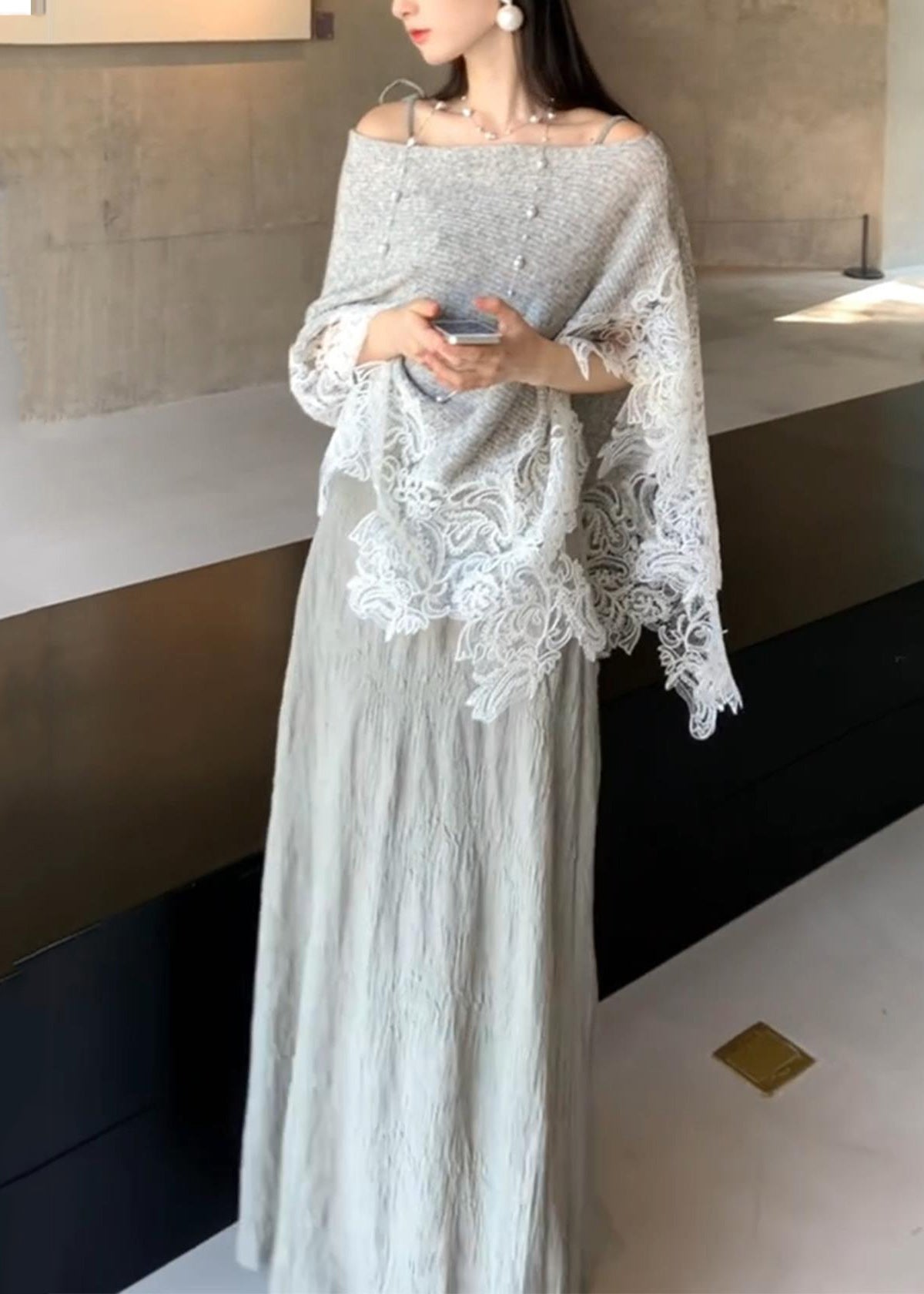 Grey Lace Patchwork Cotton Knit Cape Long Dresses Two Piece Set - View 3
