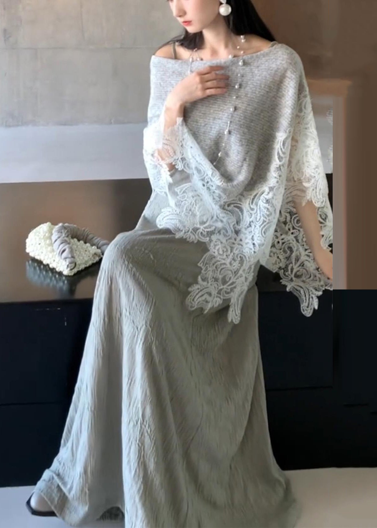 Grey Lace Patchwork Cotton Knit Cape Long Dresses Two Piece Set - View 4