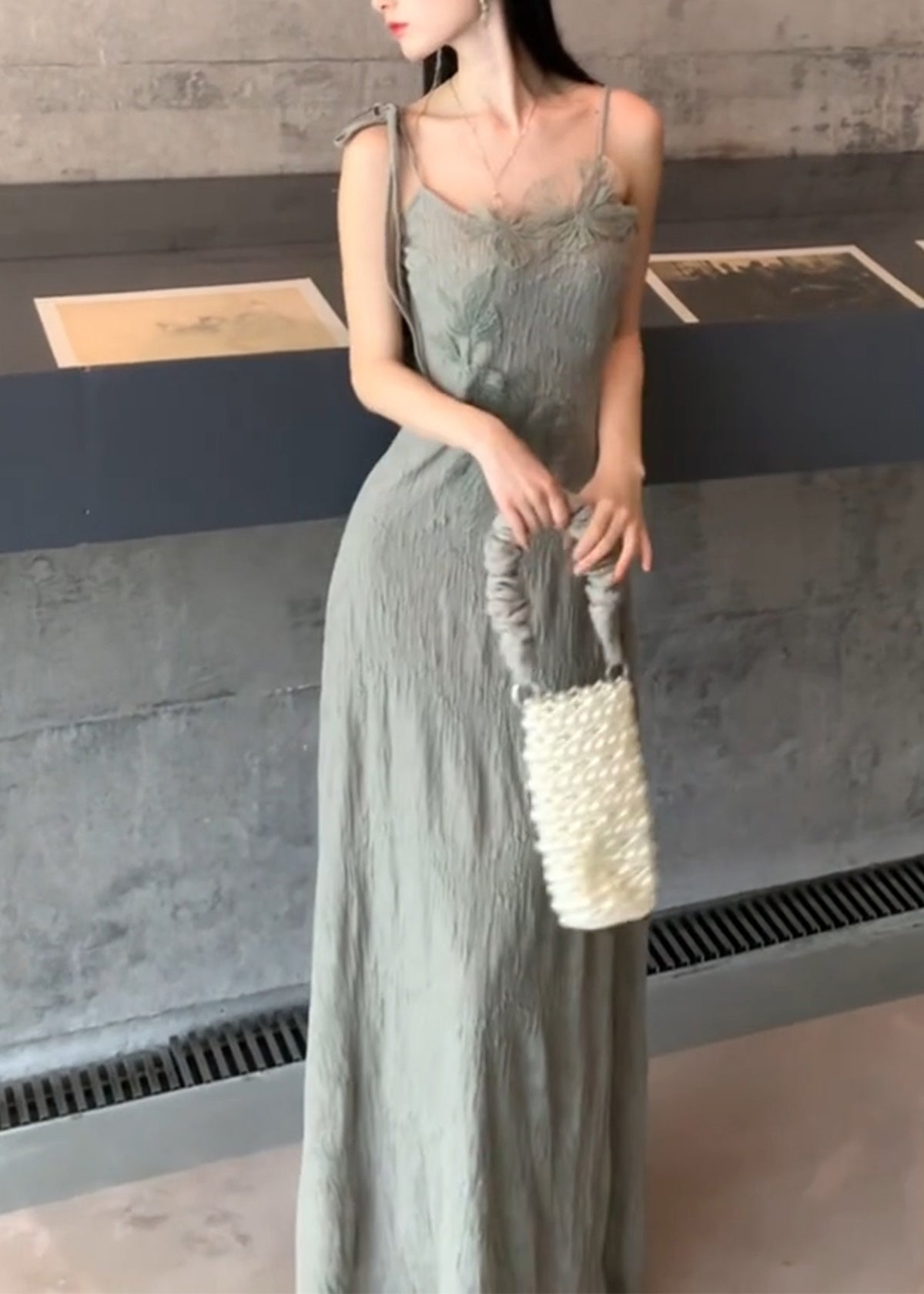Grey Lace Patchwork Cotton Knit Cape Long Dresses Two Piece Set - View 5