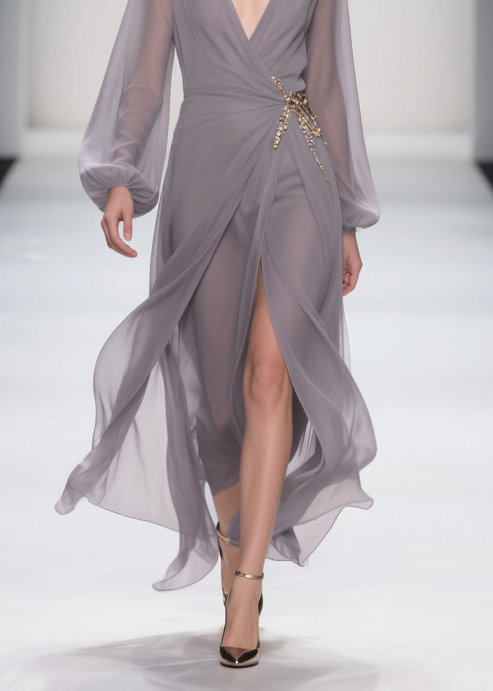 Chiffon Wrap Deep V-Neck Bishop Sleeve Brooch Waist High Split Maxi Gown