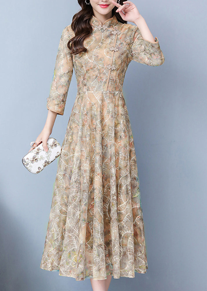 Mandarin Collar Frog Button Three Quarter Sleeve Embroidered Mesh Overlay Maxi Gown