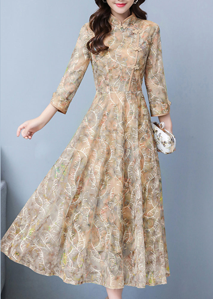 Mandarin Collar Frog Button Three Quarter Sleeve Embroidered Mesh Overlay Maxi Gown
