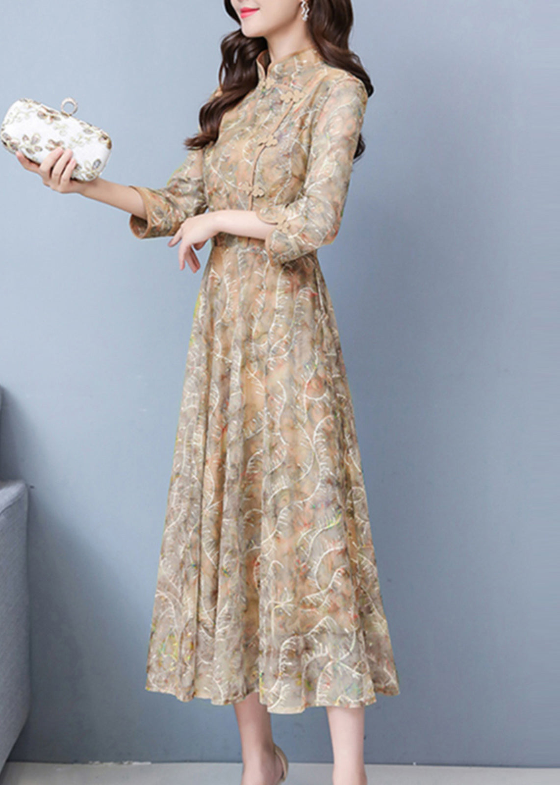 Mandarin Collar Frog Button Three Quarter Sleeve Embroidered Mesh Overlay Maxi Gown