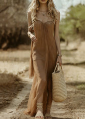 Elegant Khaki Strapless Solid Tulle Long Dresses Sleeveless 3