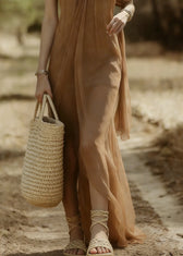 Elegant Khaki Strapless Solid Tulle Long Dresses Sleeveless 4
