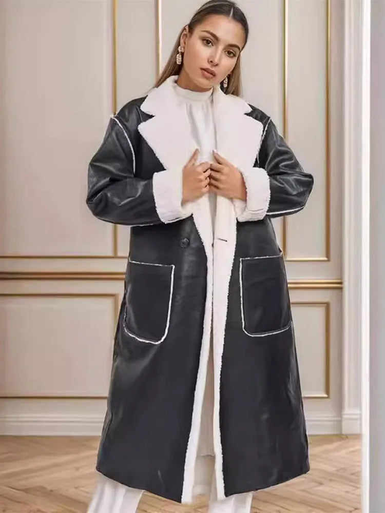 Faux Leather Shearling Trim Lapel Belted Longline Coat 2