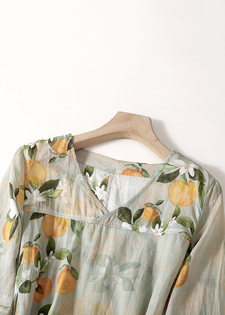 Citrus Floral Print V-Neck Ruffle Cuff Tie Waist A-Line Maxi Dress