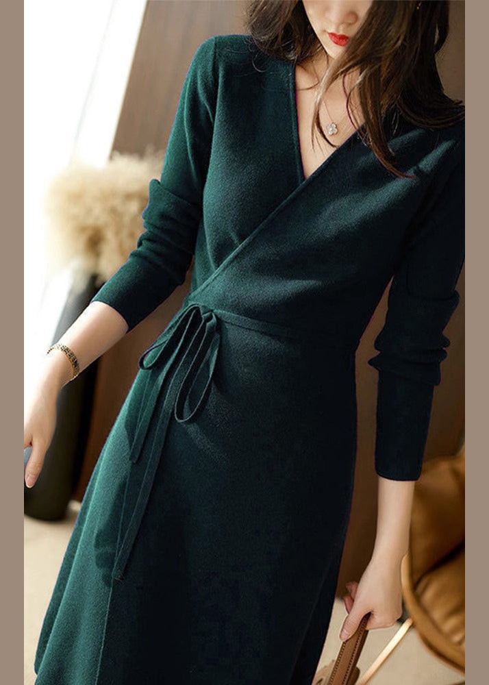 Knit Wrap Surplice V-Neck Long Sleeve Tie Waist Midi Dress