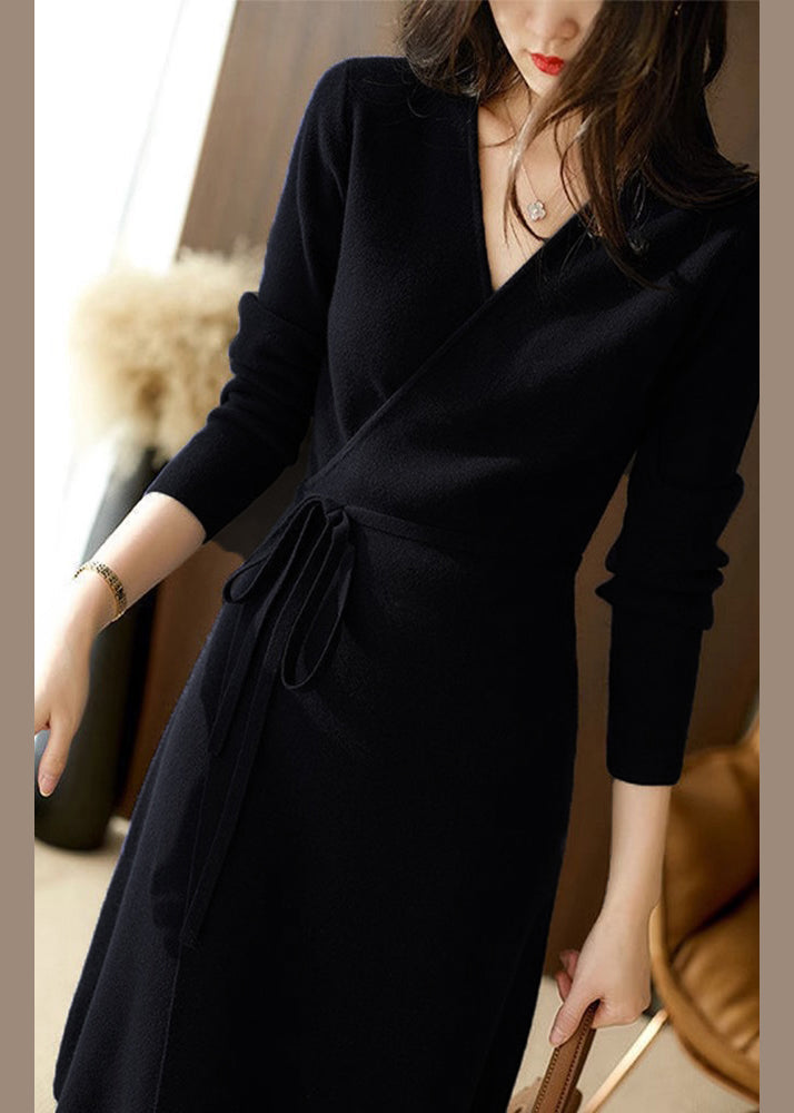 Knit Wrap Surplice V-Neck Long Sleeve Tie Waist Midi Dress