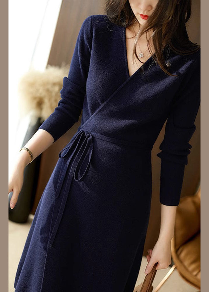 Knit Wrap Surplice V-Neck Long Sleeve Tie Waist Midi Dress