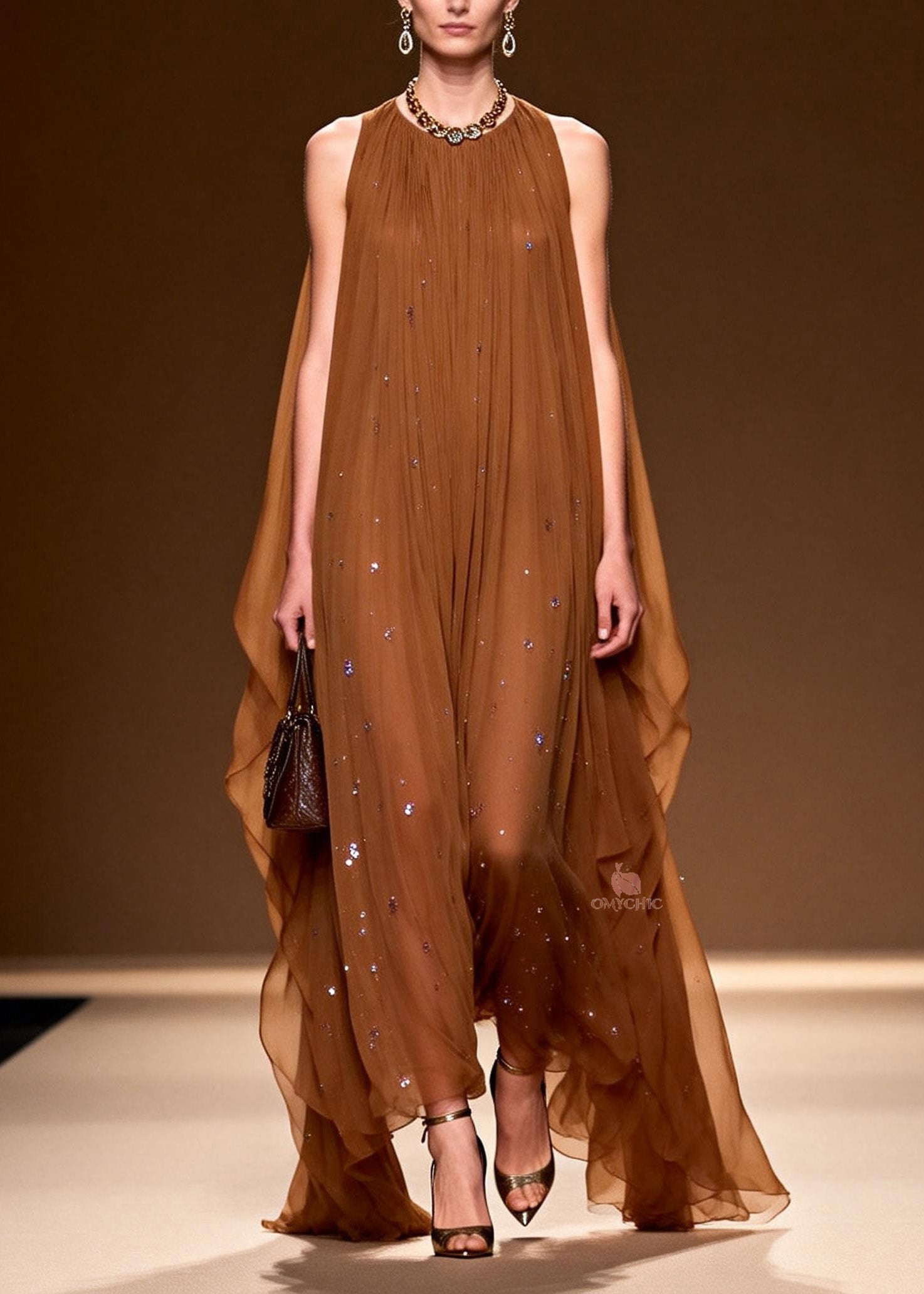 Sequin Pleated Halter Neck Sheer Cape Overlay Maxi Gown
