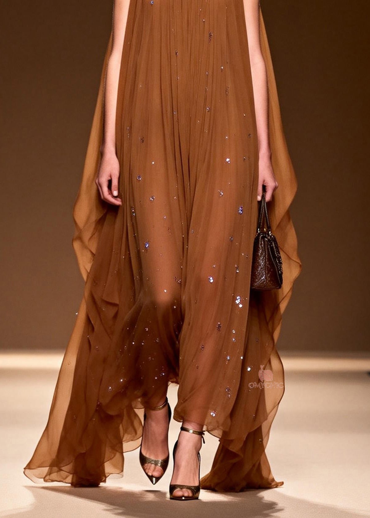 Sequin Pleated Halter Neck Sheer Cape Overlay Maxi Gown