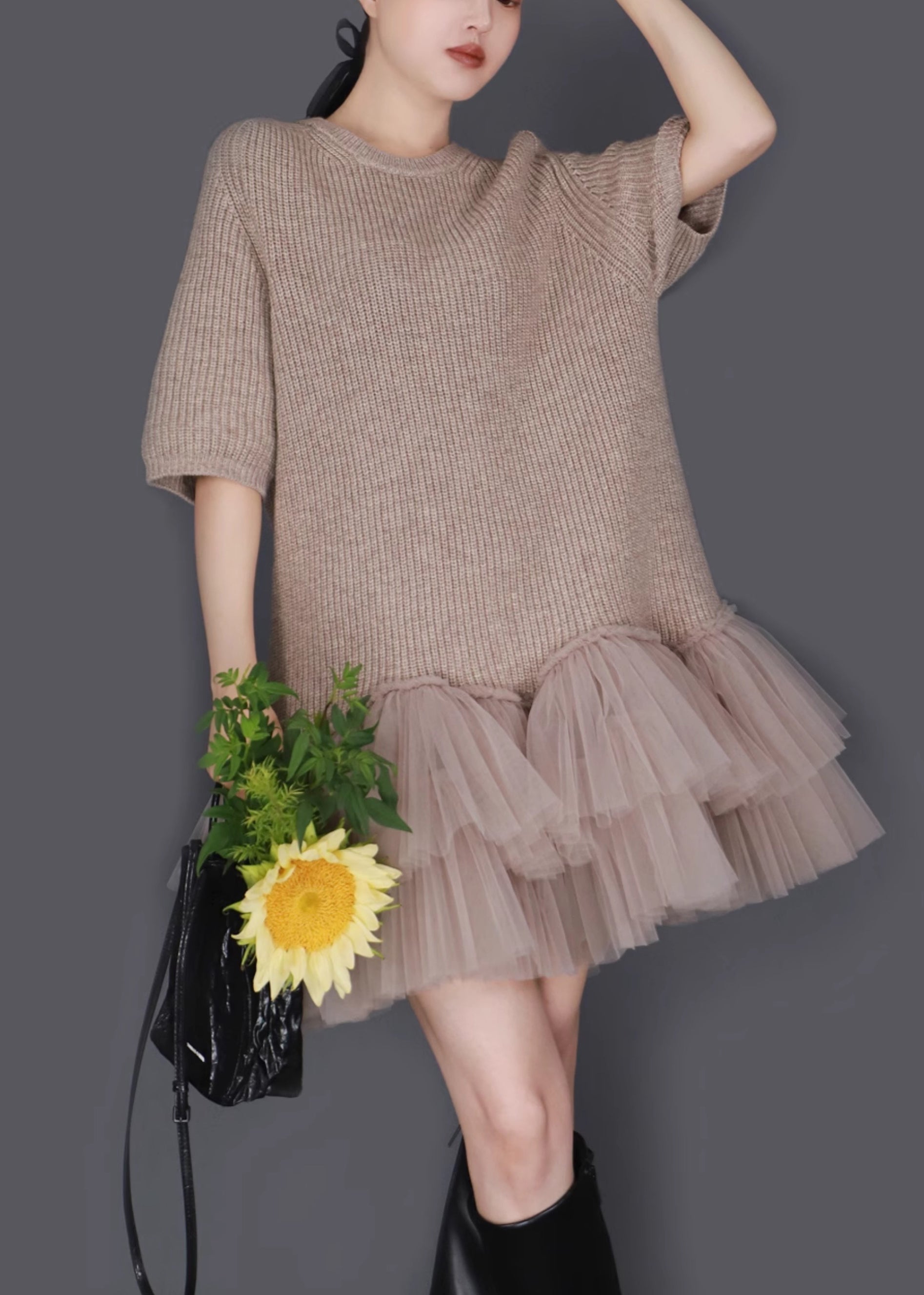 Knit Tulle Tiered Patchwork Crew Neck Balloon Skirt Mini Dress