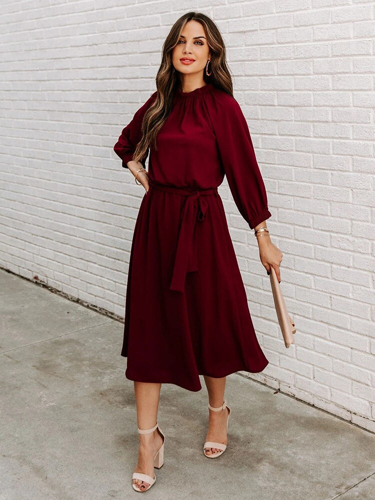 Mock Neck Long Sleeve Belted A-Line Midi Dress
