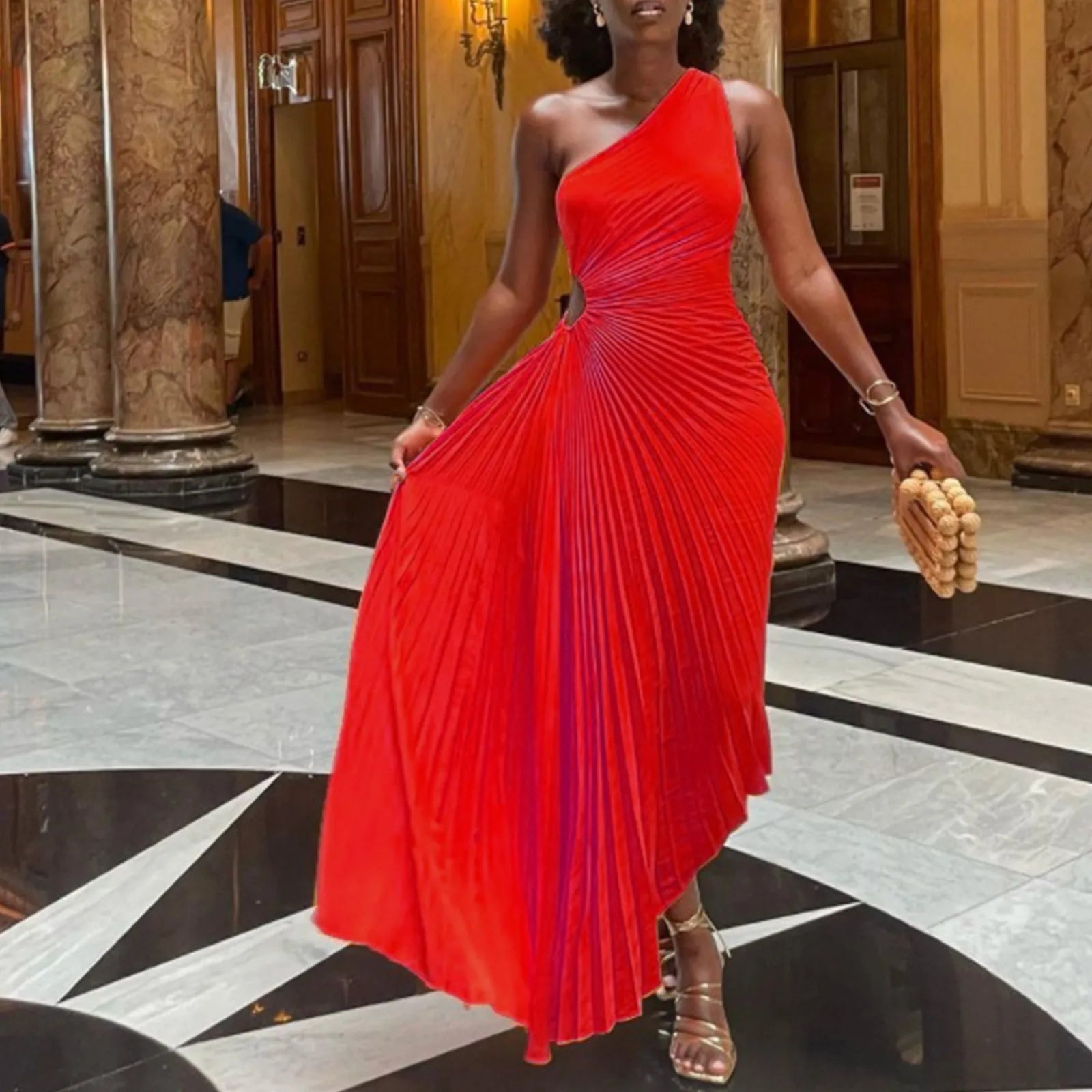 One Shoulder Pleated Cut Out High Split A-Line Maxi Dress