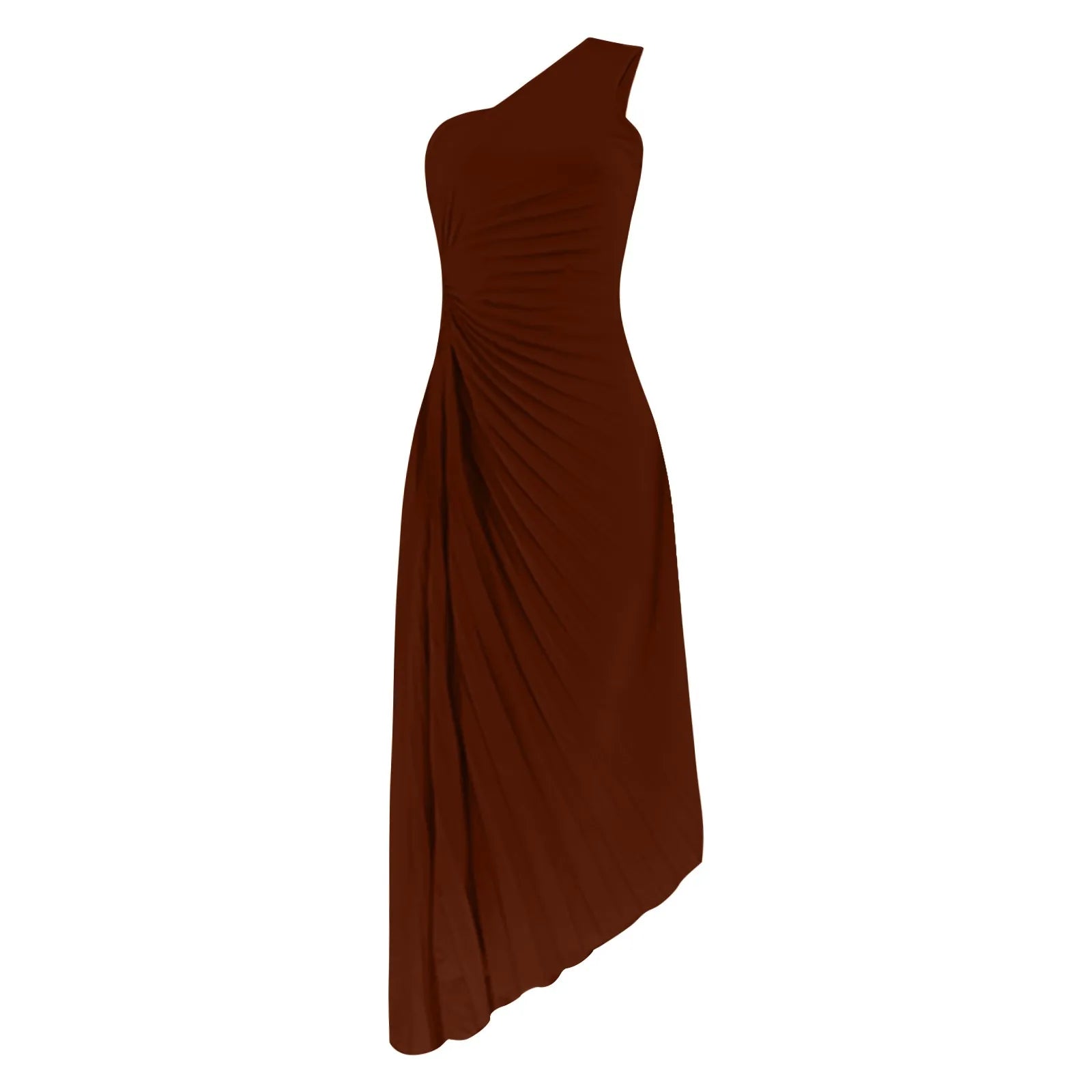 One Shoulder Pleated Cut Out High Split A-Line Maxi Dress