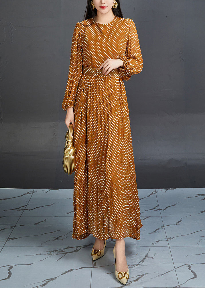 Polka Dot Bishop Sleeve Belted Waist Chiffon Maxi Dress