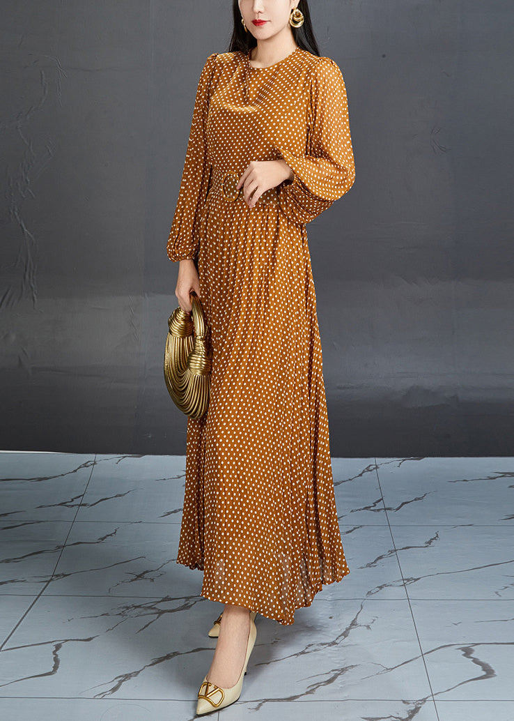 Polka Dot Bishop Sleeve Belted Waist Chiffon Maxi Dress