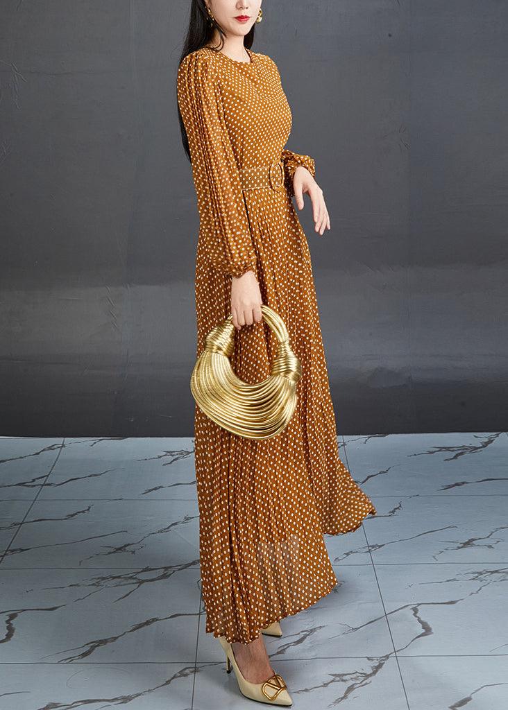 Polka Dot Bishop Sleeve Belted Waist Chiffon Maxi Dress