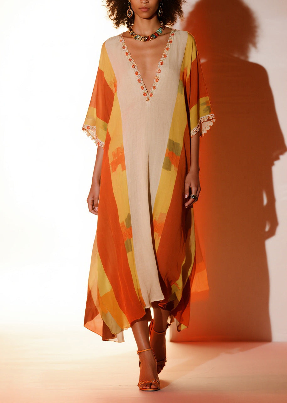 Chiffon Deep V-Neck Flutter Sleeve Lace Trim Kaftan Dress - View 2