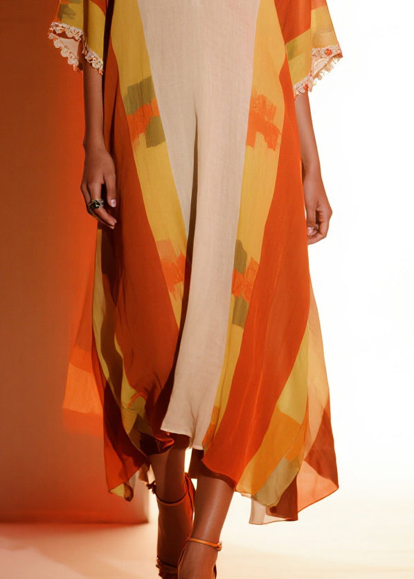 Chiffon Deep V-Neck Flutter Sleeve Lace Trim Kaftan Dress - View 5