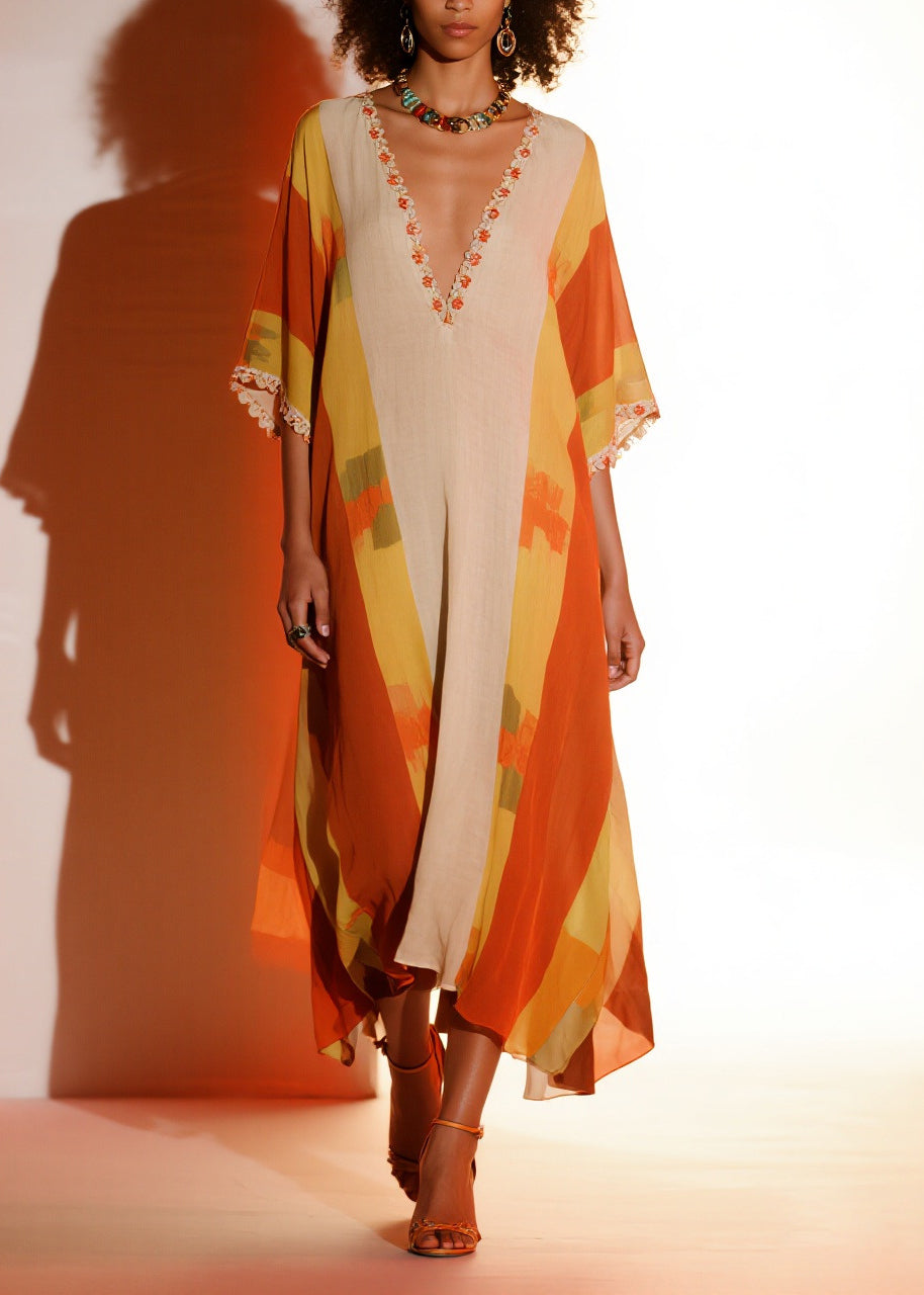 Chiffon Deep V-Neck Flutter Sleeve Lace Trim Kaftan Dress - View 4