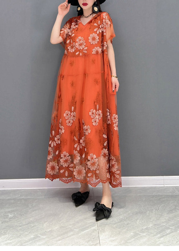Floral Embroidered Tulle Overlay V-Neck Short Sleeve Scallop Hem Maxi Dress