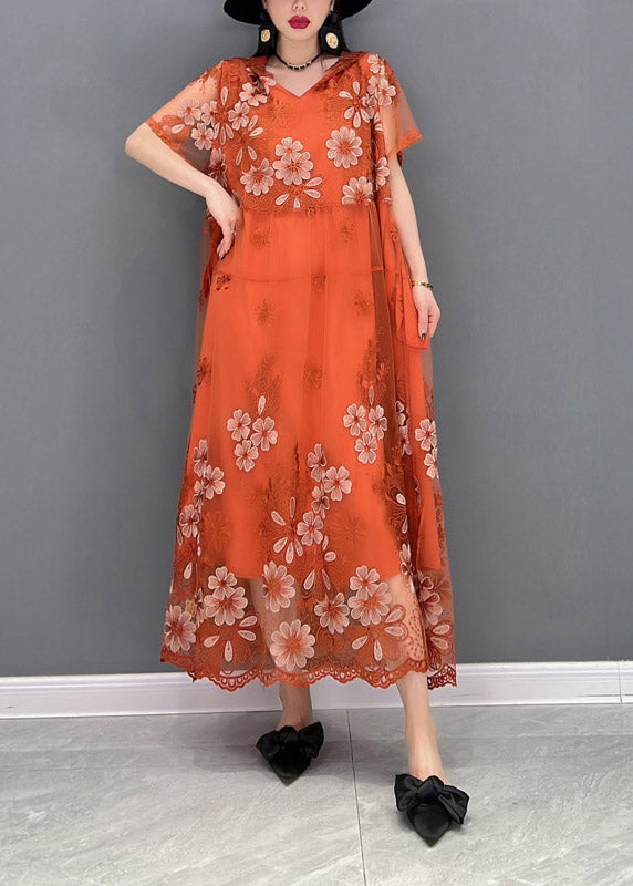 Floral Embroidered Tulle Overlay V-Neck Short Sleeve Scallop Hem Maxi Dress