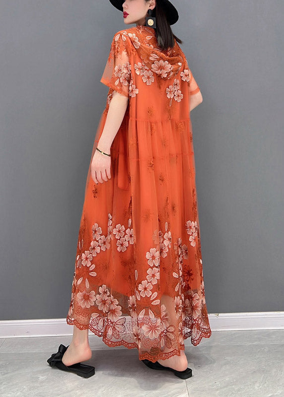 Floral Embroidered Tulle Overlay V-Neck Short Sleeve Scallop Hem Maxi Dress