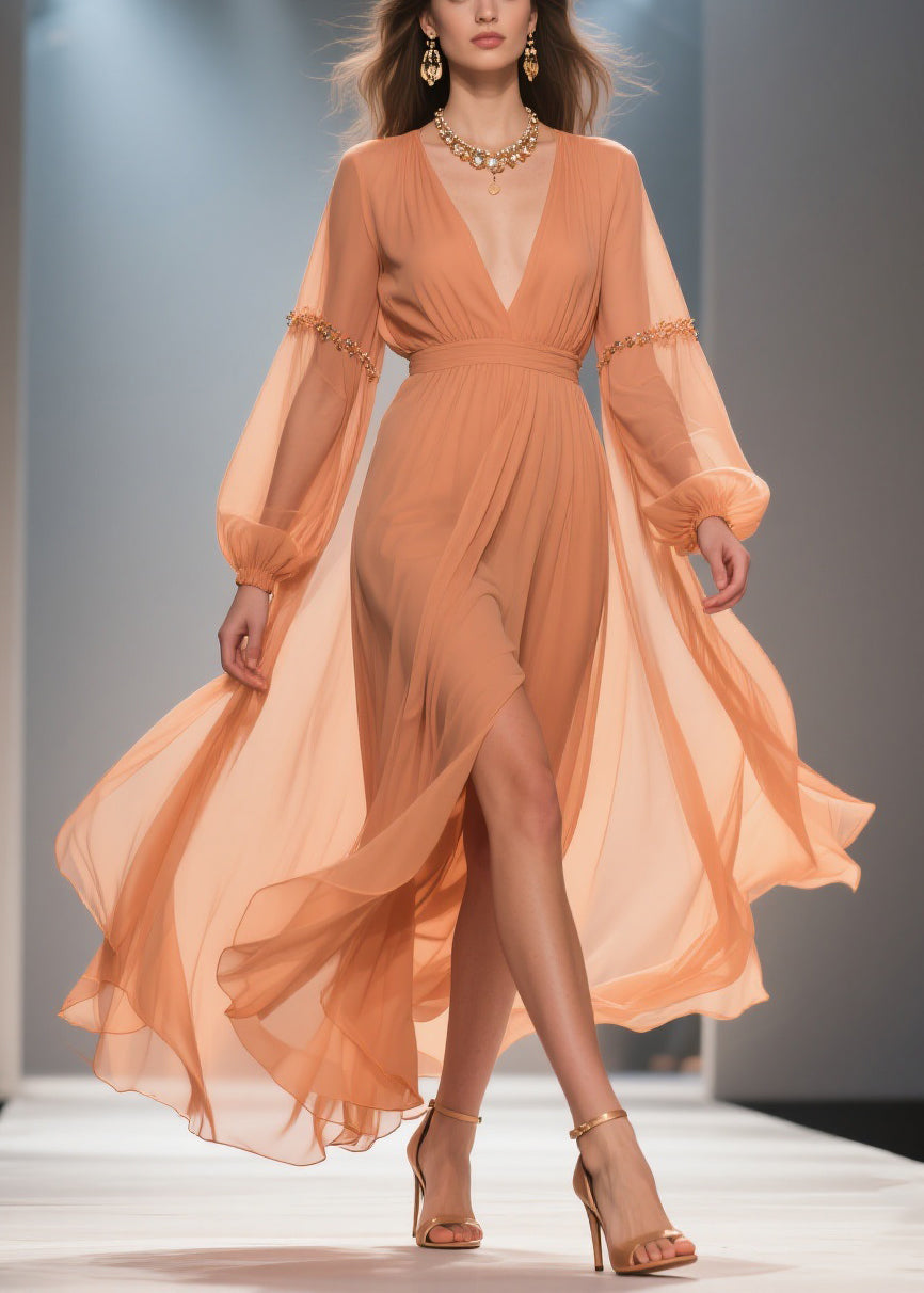 Chiffon Deep V-Neck Bishop Sleeve Beaded Sleeve Wrap High Split Maxi Gown