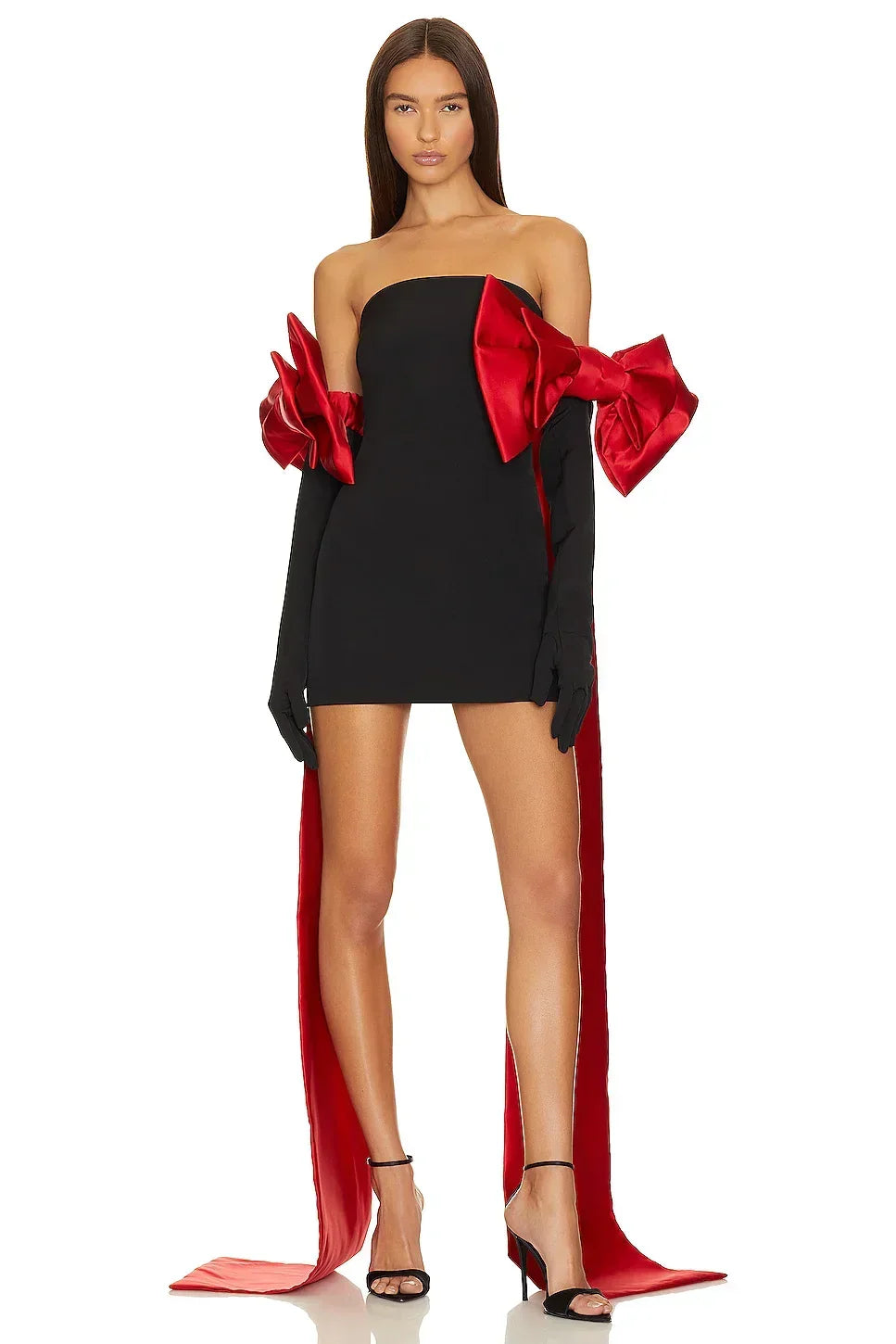 Strapless Oversized Bow Draped Sash Mini Party Dress with Gloves