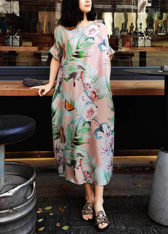 Tropical Floral Butterfly Print Short Sleeve Crew Neck Shift Maxi Dress