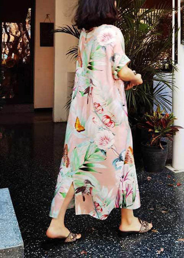 Tropical Floral Butterfly Print Short Sleeve Crew Neck Shift Maxi Dress