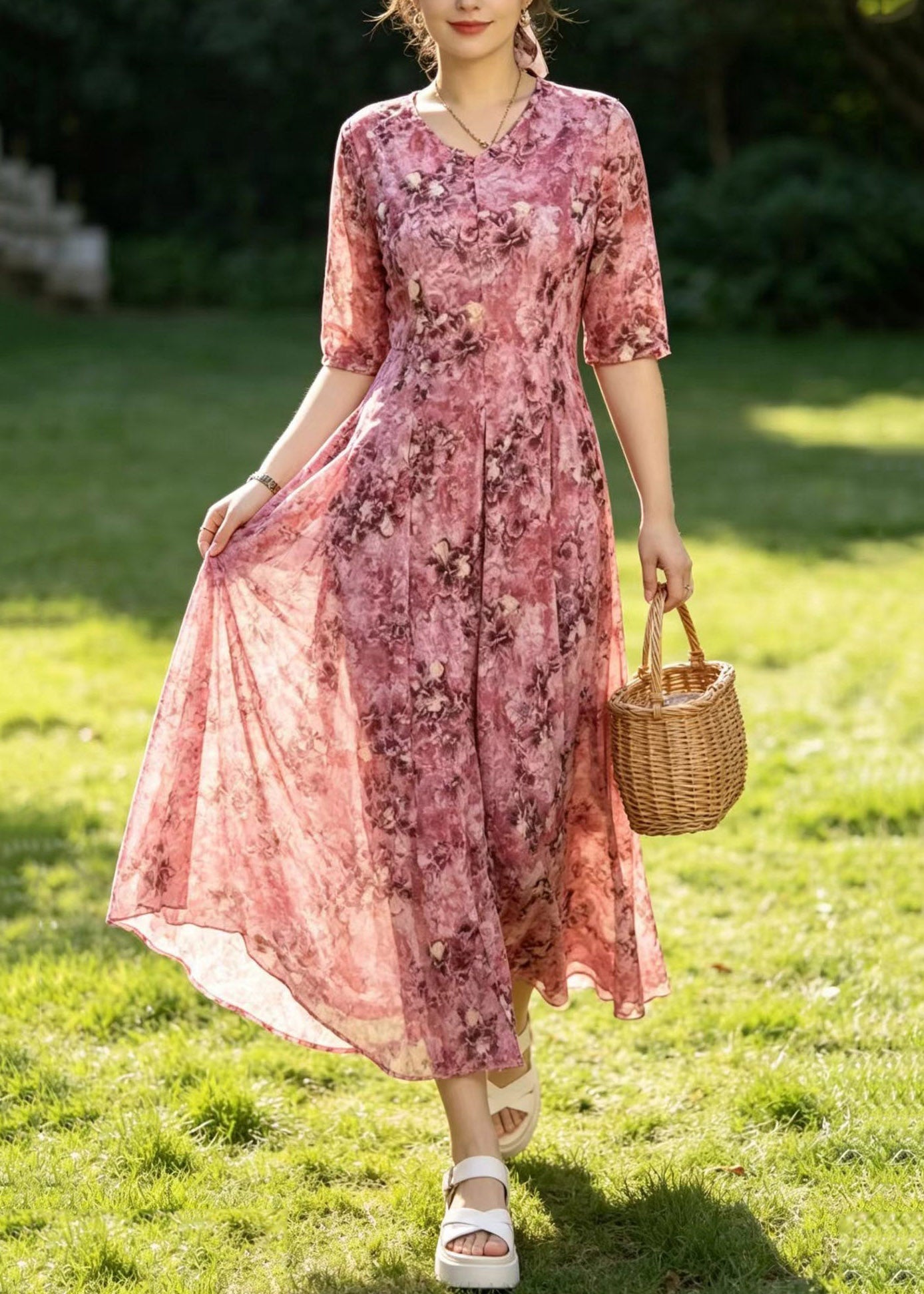 Floral Print V-Neck Button Front Half Sleeve A-Line Maxi Dress
